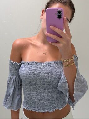 Italian Boutique Striped Smocked Off-Shoulder Top in Dusty Blue
